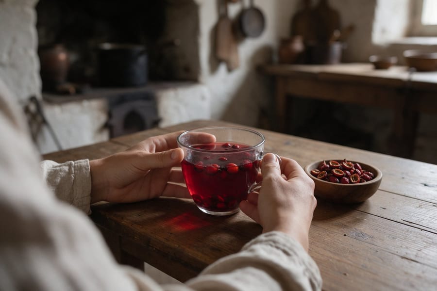 Refreshment from the Monastery: Hands holding a glass cup of rosehip infusion, a small bowl of dried hips beside it