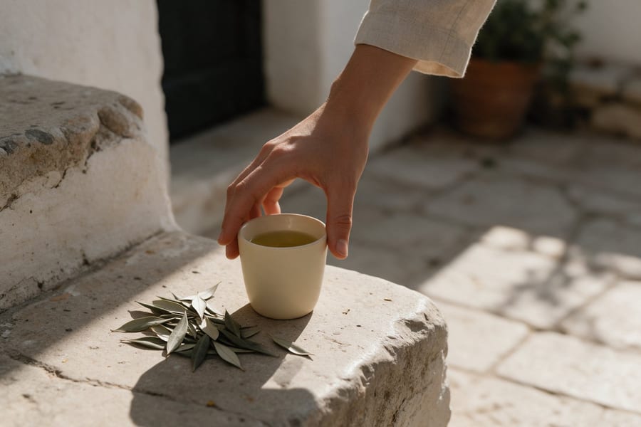 VpresSIT: A hand reaching for a cup of olive leaf infusion on a sunlit stone step