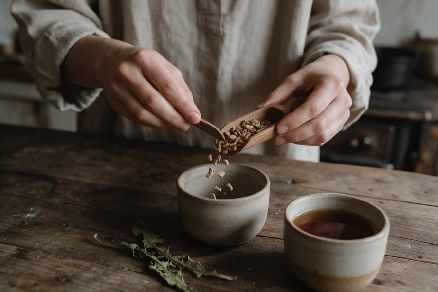 ŽoSIT: Shaking dried cut dandelion root from a wooden scoop into a cup