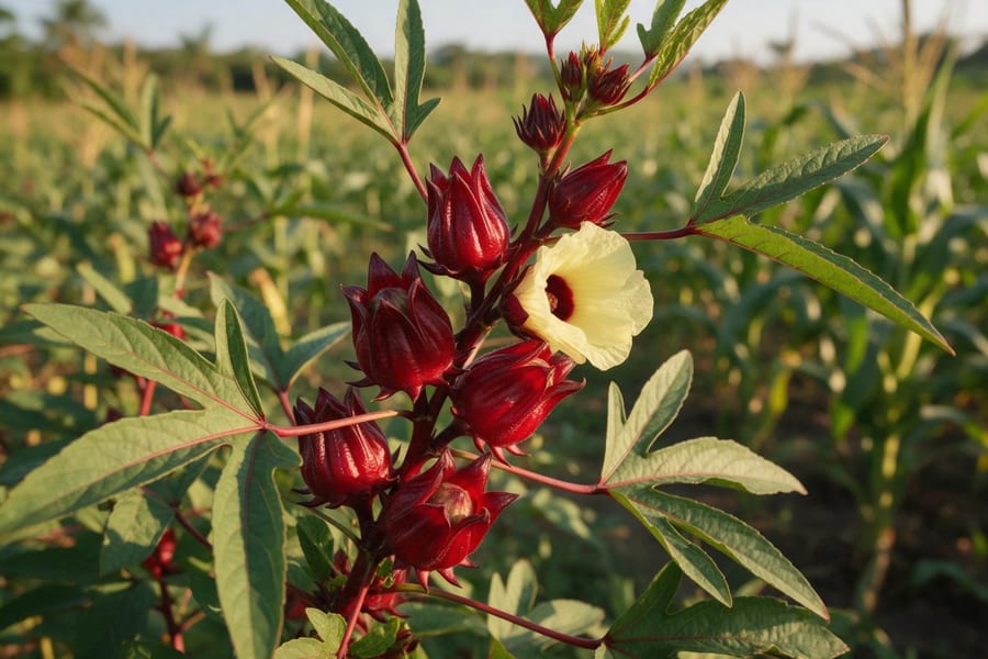 Hibiskus – rastlina v naravi, list in cvet od blizu